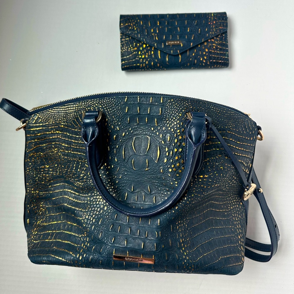 Brahmin navy and Gold Shoulder Bag with Embossed Design and Matching Wallet